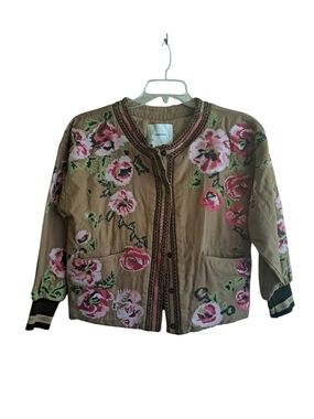 Anthropologie Tan Bomber Jacket with Pink Floral Embroidery